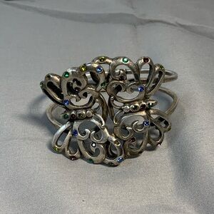 Vintage Ornate Butterfly Oval Rimous Cuff Bracelet Silver Tone Boho festival